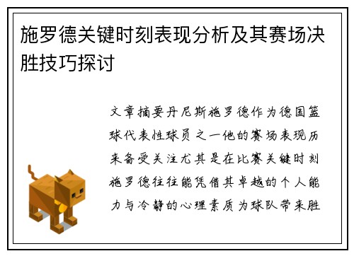 施罗德关键时刻表现分析及其赛场决胜技巧探讨