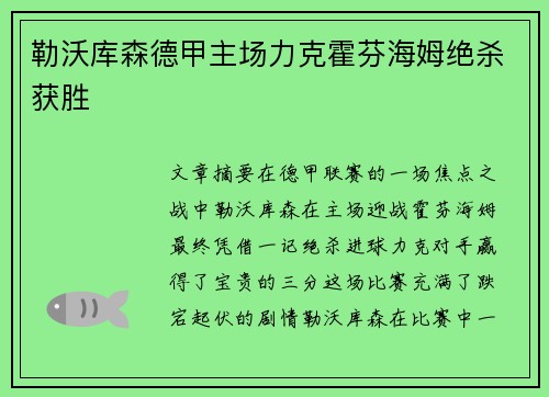 勒沃库森德甲主场力克霍芬海姆绝杀获胜